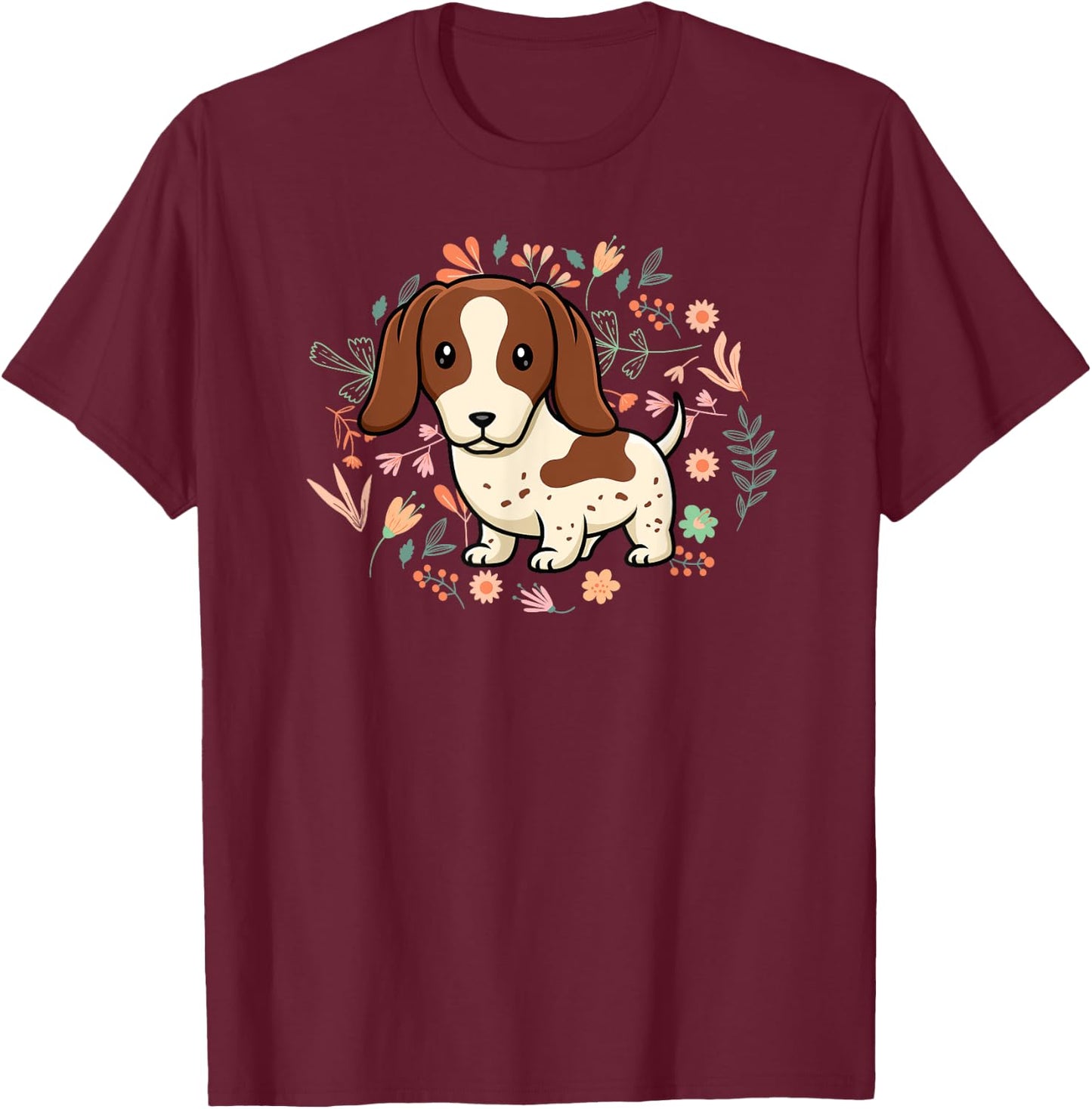 Floral Piebald Dachshund Lover Doxie Mom Dog Mama Lover Men Women Kids T-Shirt - T-Shirt | Maroon