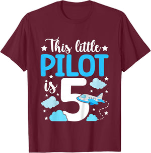 This little Pilot is 5 Airplane 5th Birthday T-Shirt - T-Shirt | Maroon