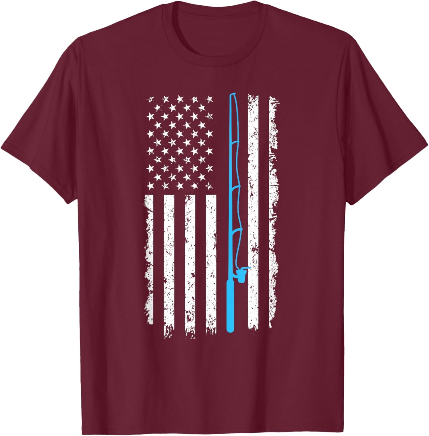 Vintage American Flag Fishing Rod Short Sleeve T-Shirt - T-Shirt | Maroon
