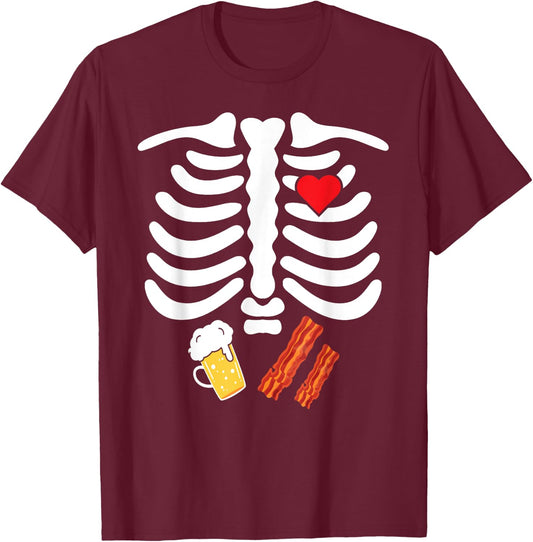 Halloween Skeleton Junk Food Belly Bacon Beer T Shirt T-Shirt - T-Shirt | Maroon