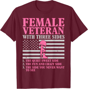 Female Veteran with Three Sides Women Veteran Mother Grandma T-Shirt - T-Shirt | Maroon