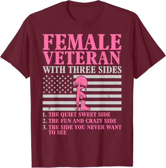 Female Veteran with Three Sides Women Veteran Mother Grandma T-Shirt - T-Shirt | Maroon