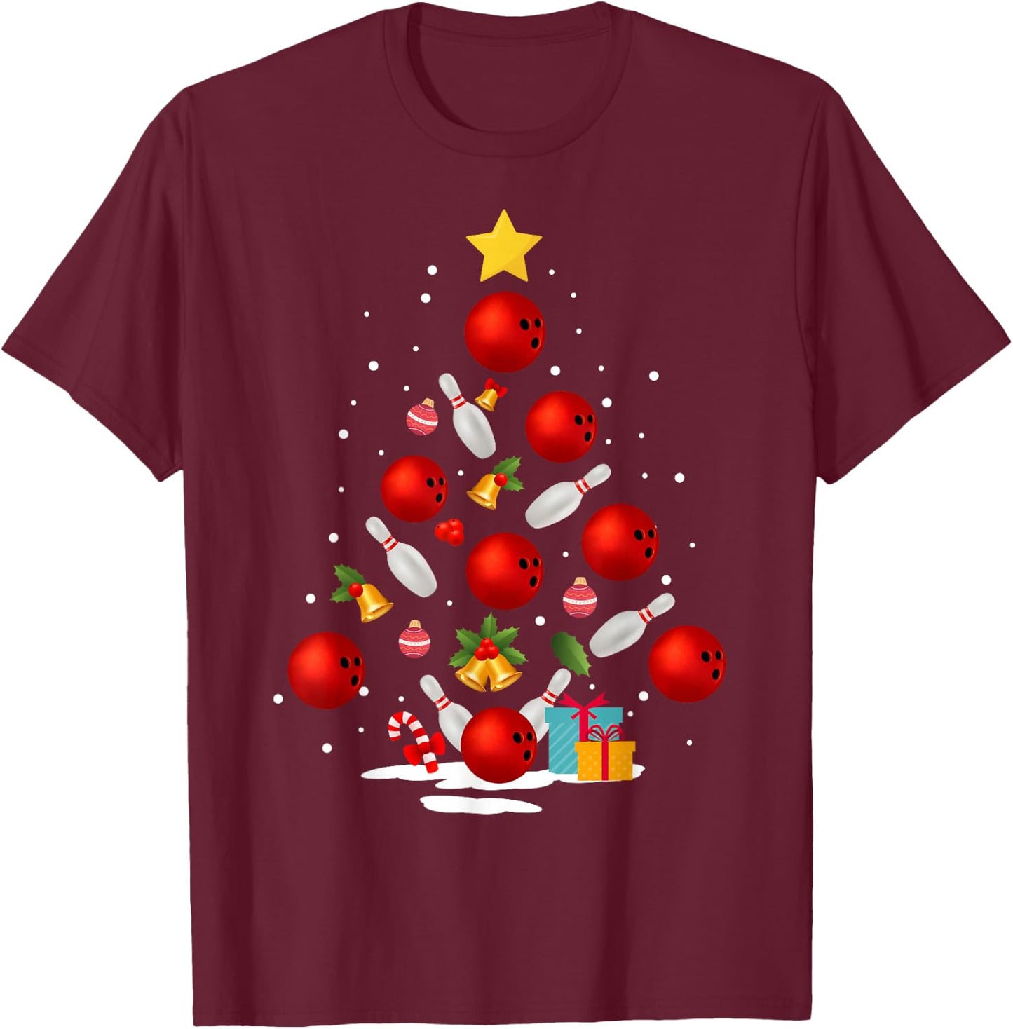 Funny Bowling Christmas Tree Lights Xmas Gifts Women Short Sleeve T-Shirt - T-Shirt | Maroon