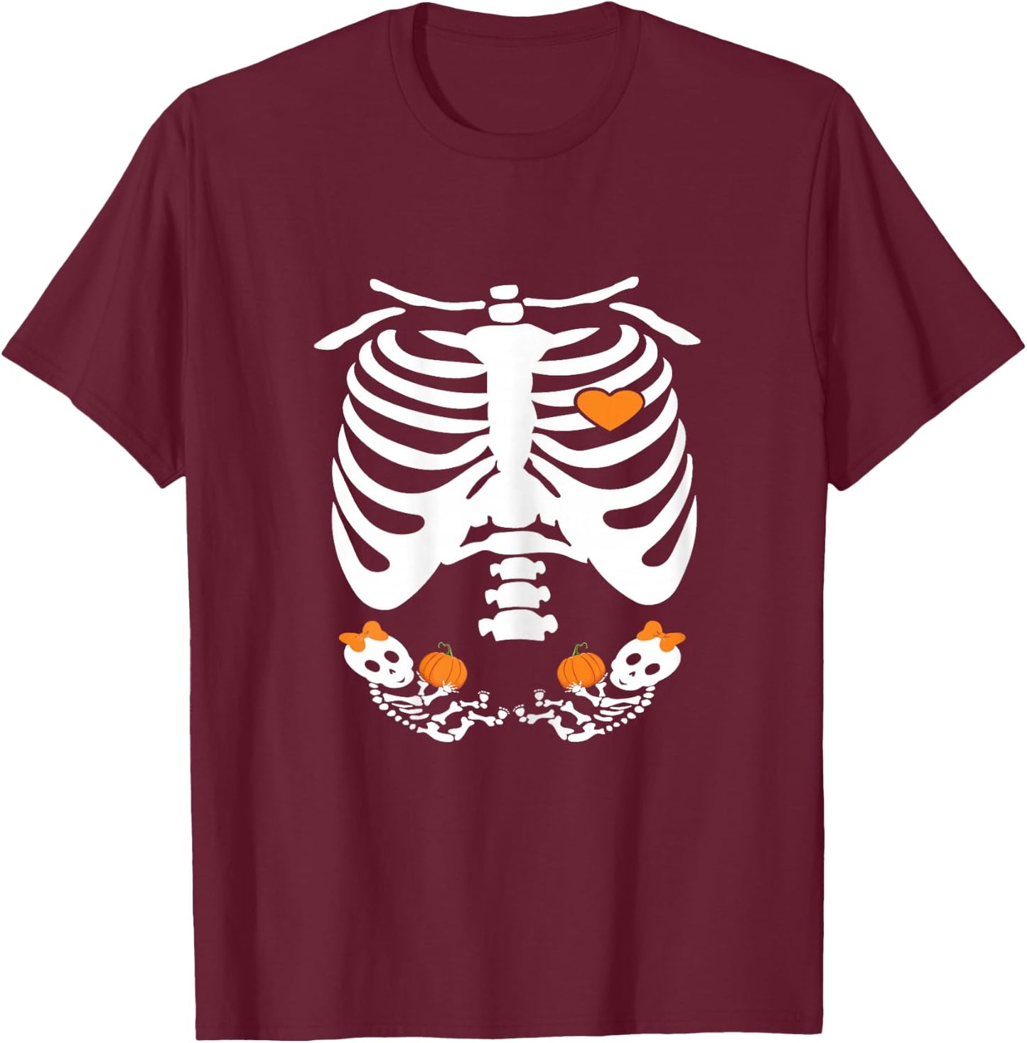 Baby Skeleton Halloween Twins Pregnancy Announcement T-Shirt - T-Shirt | Maroon