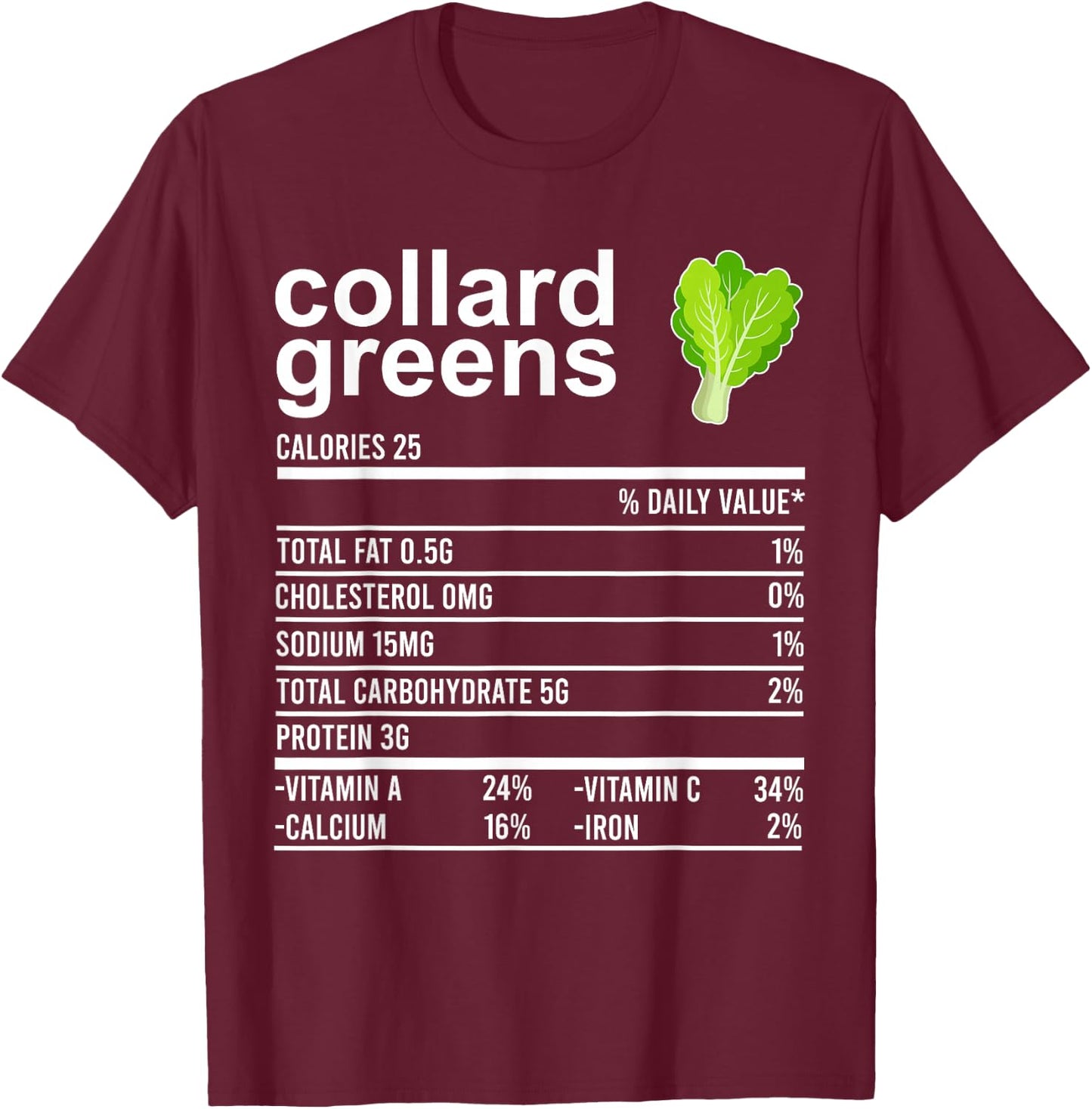 Funny Thanksgiving Food Shirt, Collard Greens Nutrition Fact T-Shirt - T-Shirt | Maroon
