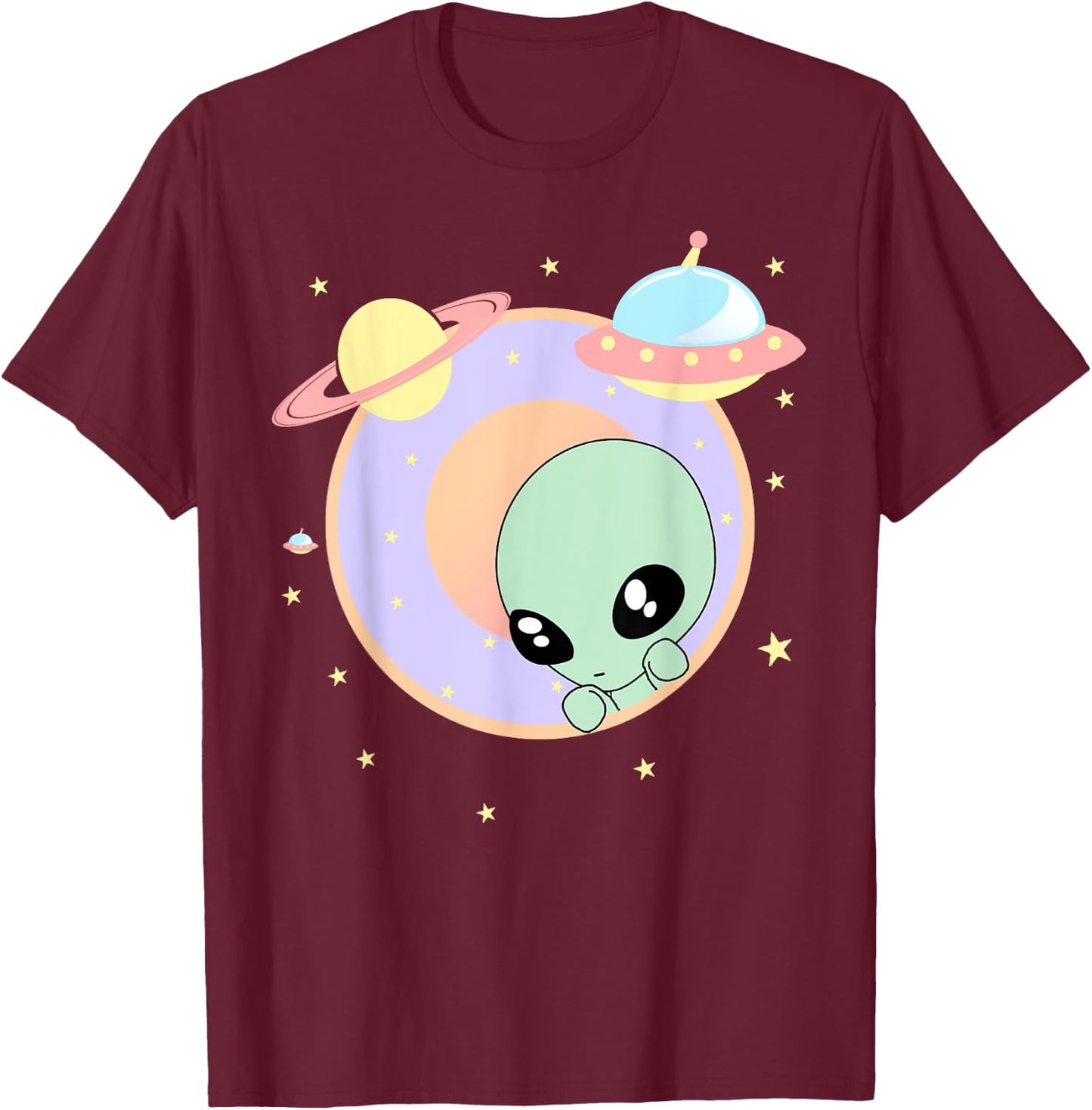 Chibi Alien Kawaii Pastel Cute Green Man Space UFO T-Shirt - T-Shirt | Maroon