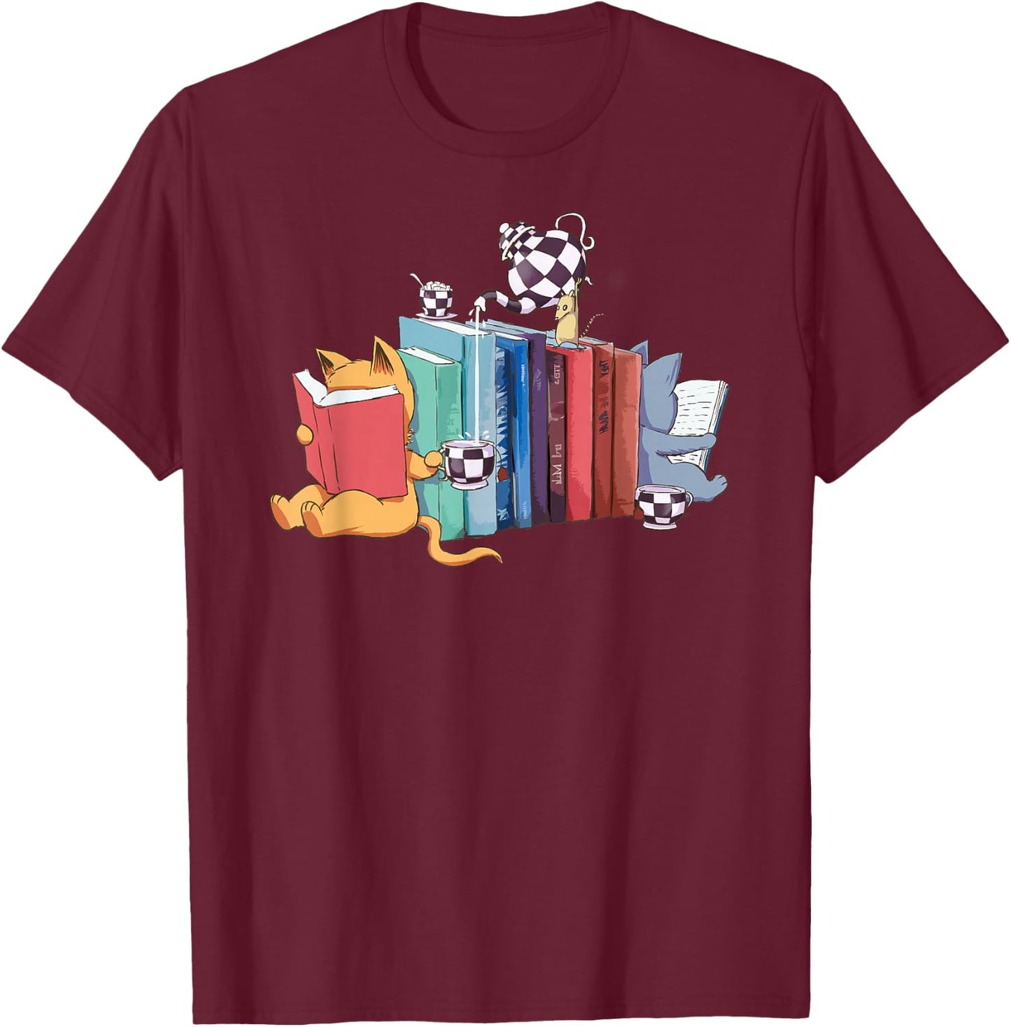 Kawaii Cat Book Ends Library Decor Librarian Gifts Design T-Shirt - T-Shirt | Maroon