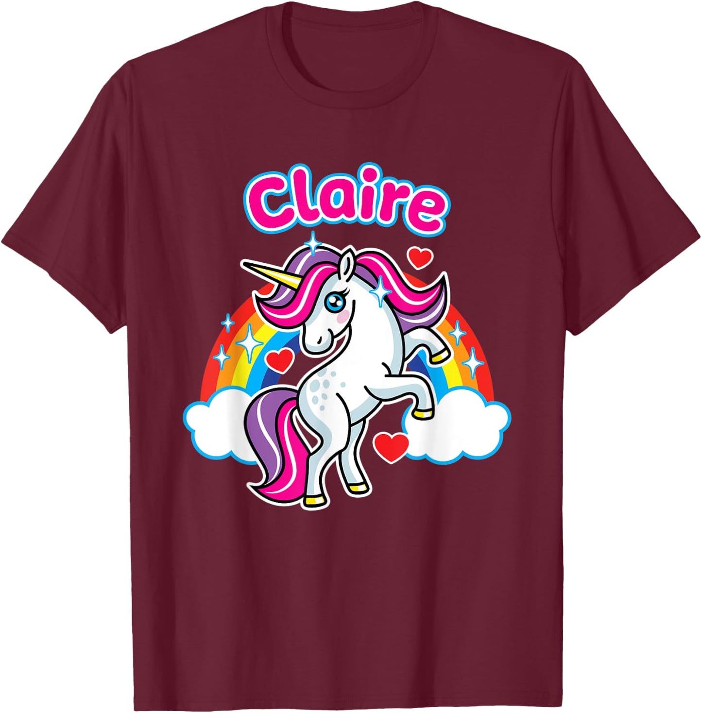 Claire Custom Girls Name Personalized Design Unicorn Party T-Shirt - T-Shirt | Maroon