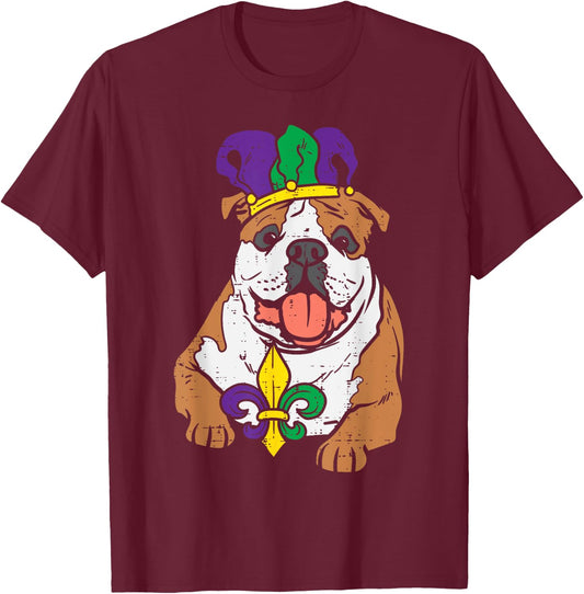 Jester English Bulldog Mardi Gras Funny Dog Men Women Kids T-Shirt - T-Shirt | Maroon