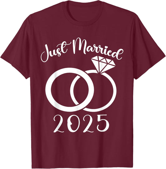Just Married 2025 Wedding Rings Matching Couple Newlyweds T-Shirt - T-Shirt | Maroon