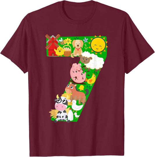 Farm Animals 7 Seven Year Old Kids 7th Birthday Party Farmer T-Shirt - T-Shirt | Maroon
