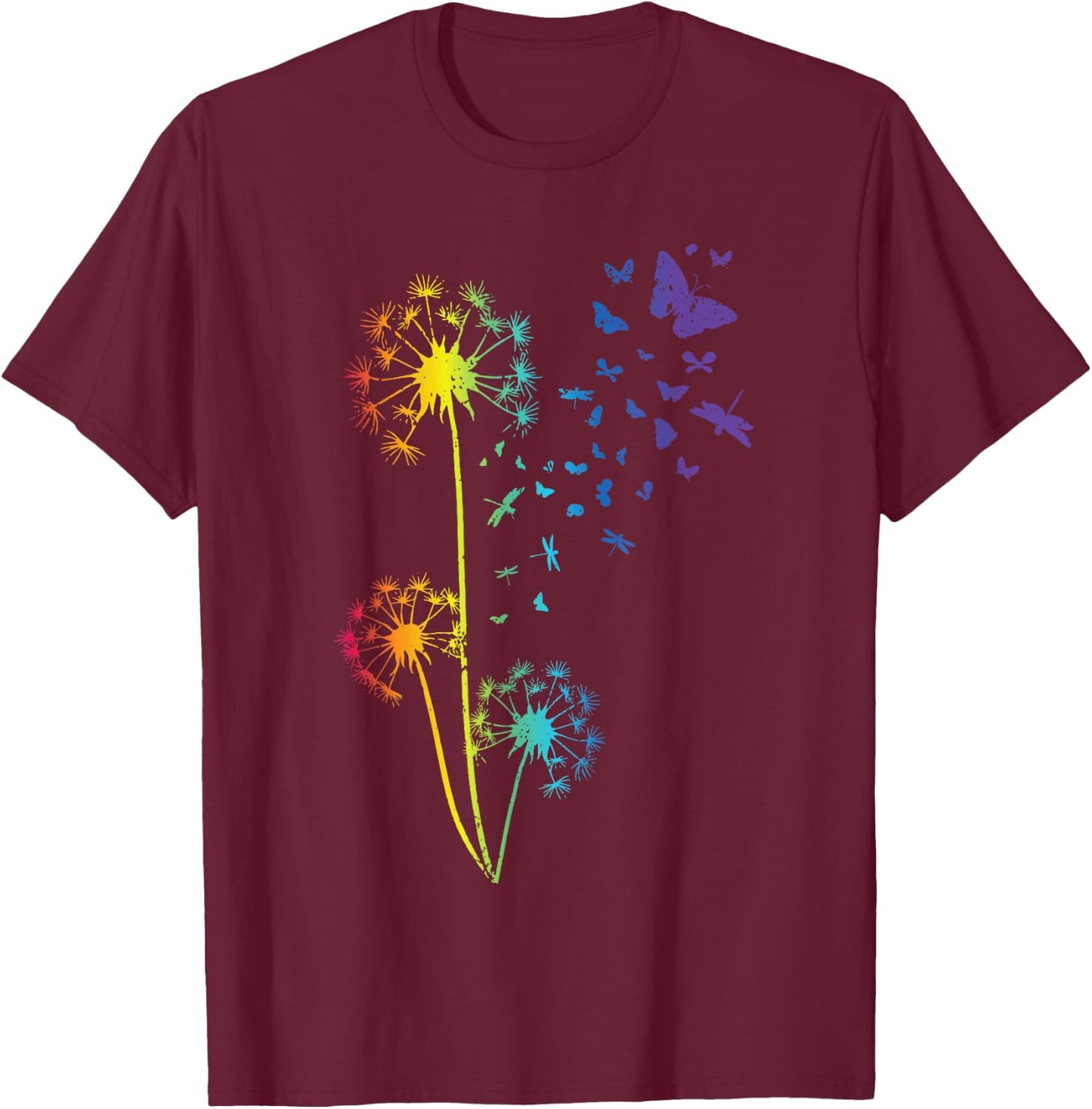 Dandelion Rainbow Dragonfly Breathe Flower Butterfly T-Shirt - T-Shirt | Maroon