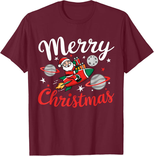 Christmas Space Rocket Pajama Santa Astronaut Rocket Xmas T-Shirt - T-Shirt | Maroon