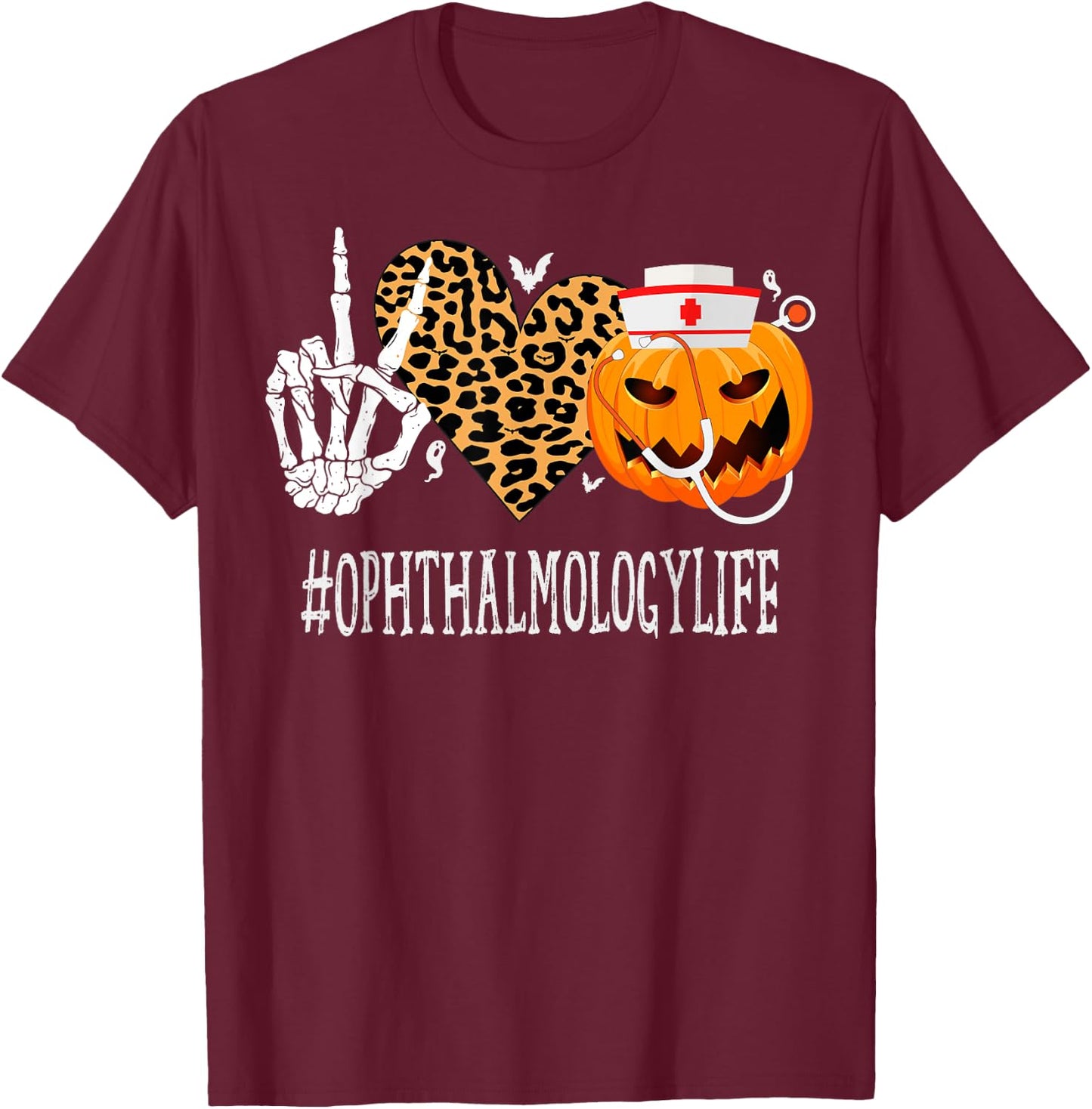 Ophthalmology Peace Love Pumpkin Funny Halloween Leopard T-Shirt - T-Shirt | Maroon