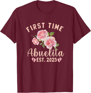 First Time Abuelita Est 2025 Grandma Pregnancy Announcement , Small, Black T-Shirt - T-Shirt | Maroon