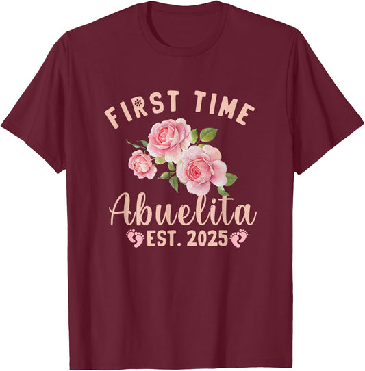 First Time Abuelita Est 2025 Grandma Pregnancy Announcement , Small, Black T-Shirt - T-Shirt | Maroon