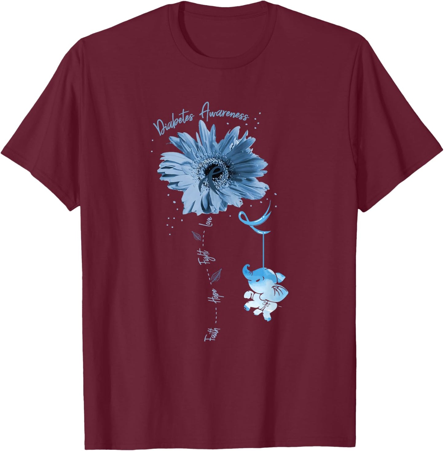 Faith Hope Fight Love Elephant Sunflower Diabetes Awareness T-Shirt - T-Shirt | Maroon