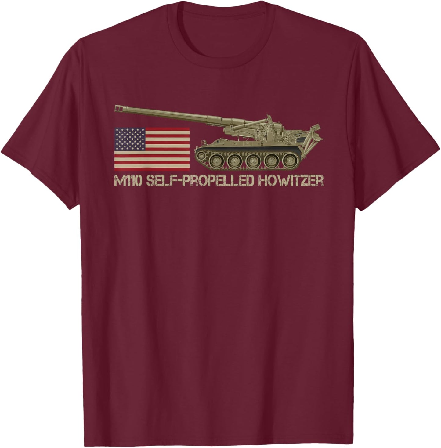 M110 Self-propelled Howitzer USA American Flag T-Shirt - T-Shirt | Maroon