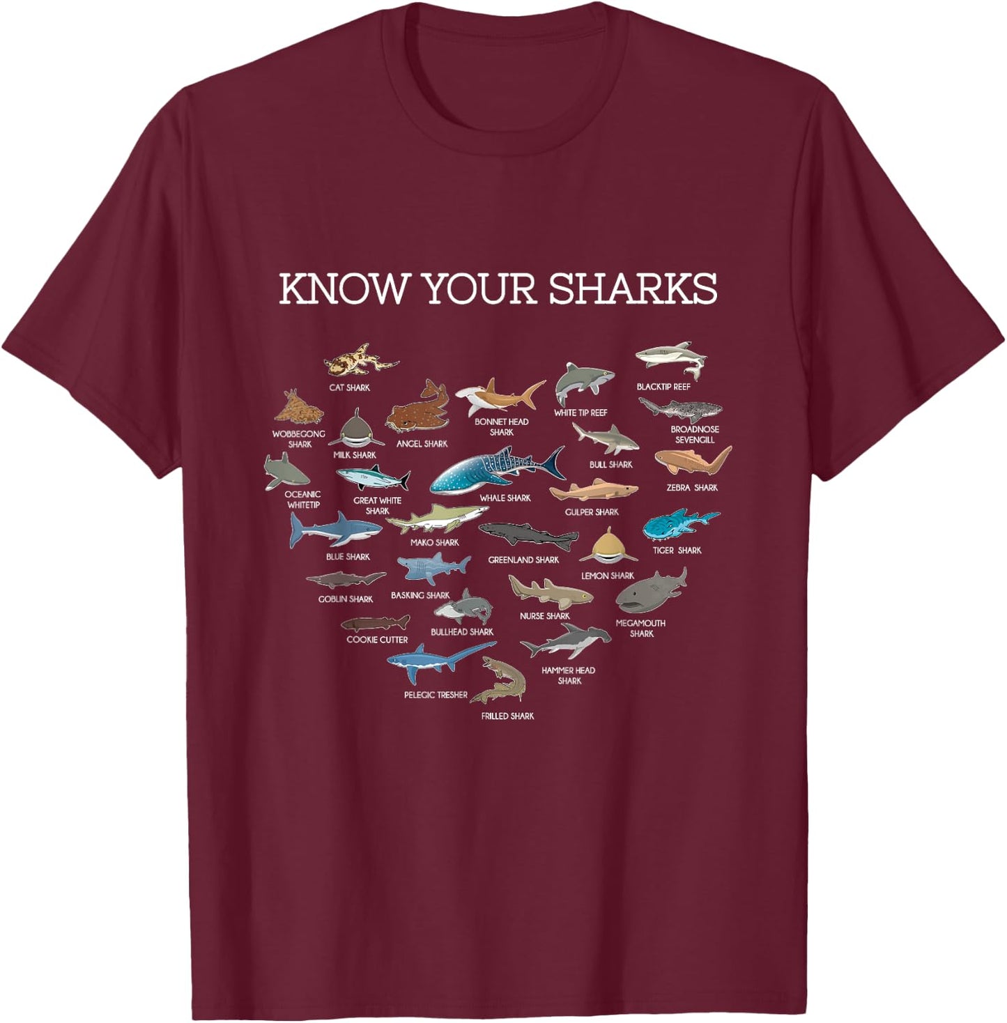 Shark Faces Types Of Sharks Gift Marine Biology Ocean Shark T-Shirt - T-Shirt | Maroon