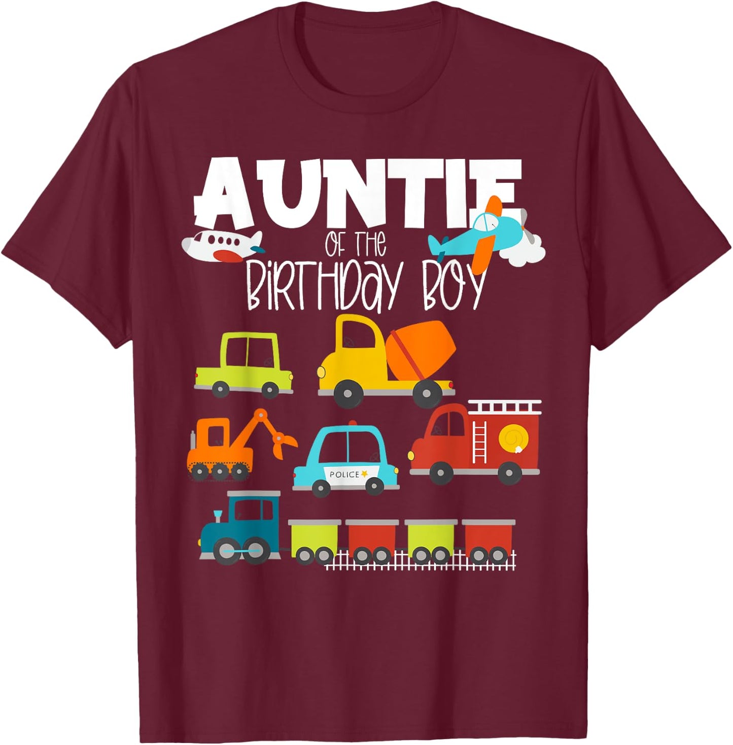 Auntie Of The Birthday Boy Family Matching Train Fire Truck T-Shirt - T-Shirt | Maroon