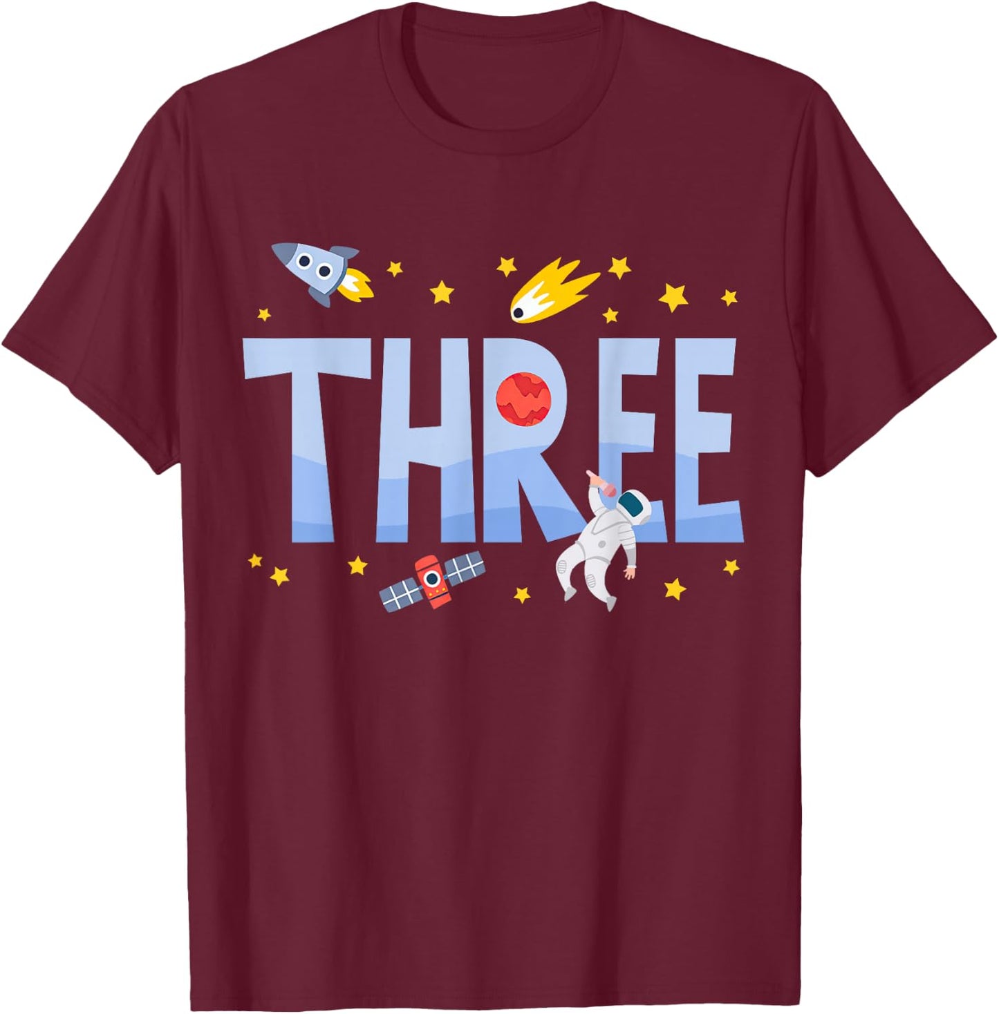 Three Birthday Boys Kids Astronaut 3rd Bday Party 3 Year Old T-Shirt - T-Shirt | Maroon