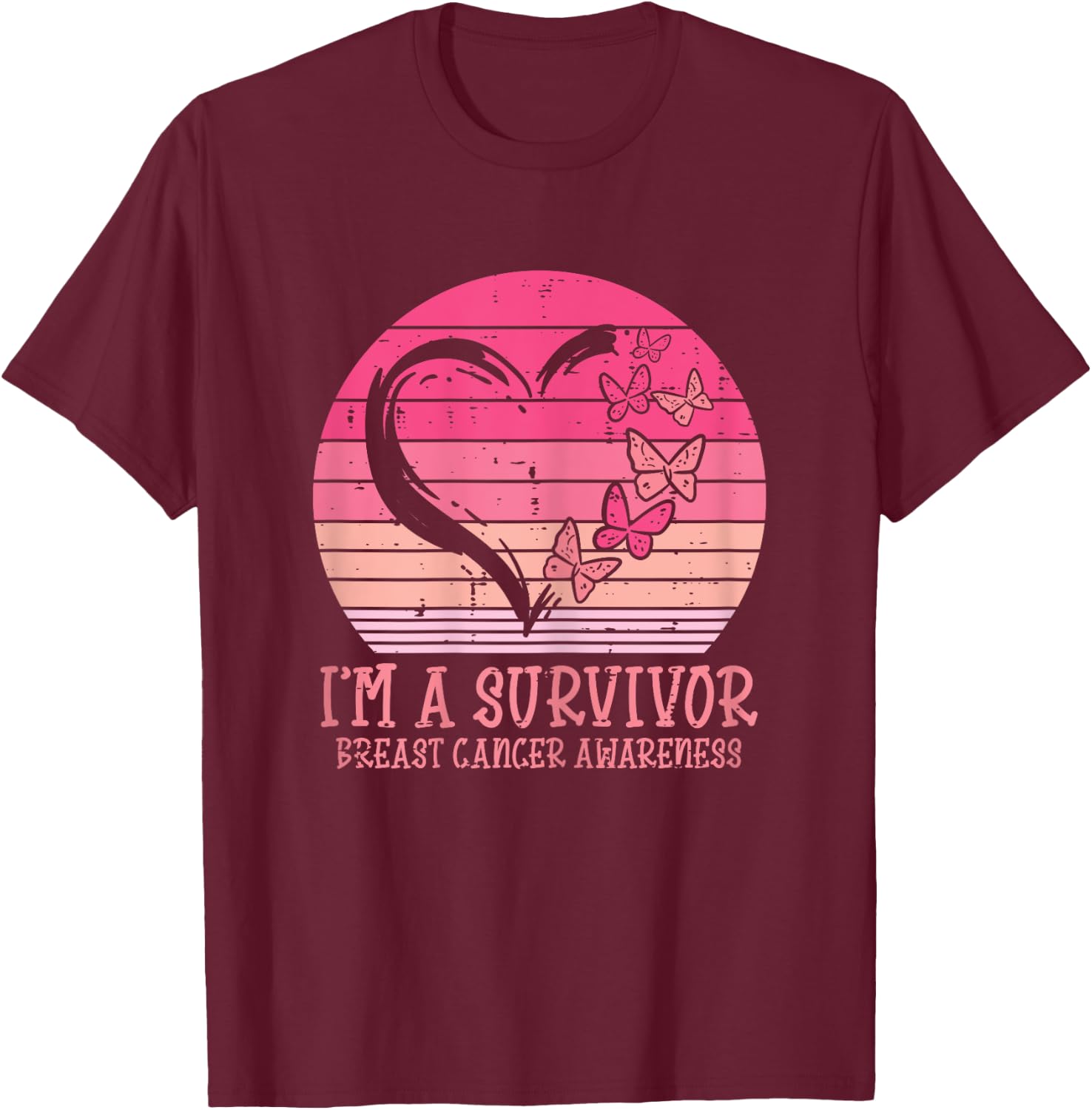 Im A Survivor Heart Butterfly Breast Cancer Awareness Gift T-Shirt - T-Shirt | Maroon