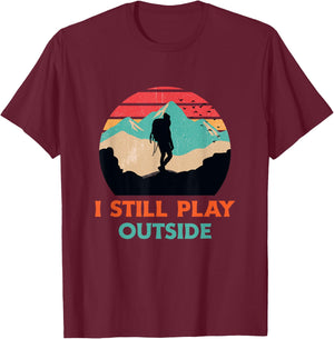 I Still Play Outside Shirt Hiking Retro Sunset Silhouette T-Shirt - T-Shirt | Maroon