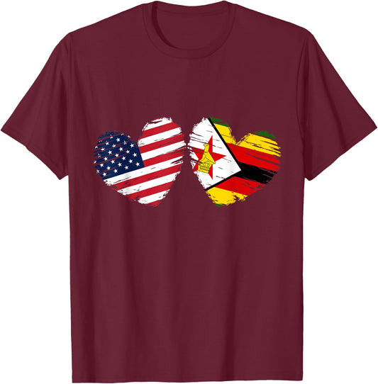 USA Zimbabwe Flag Heart Valentines Day Zimbabwean American T-Shirt - T-Shirt | Maroon