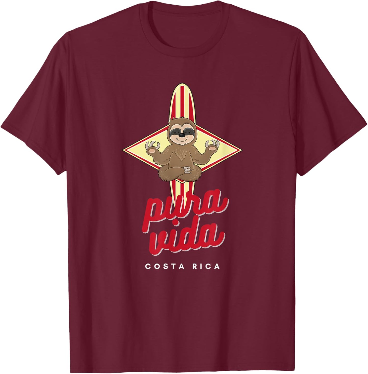Costa Rica Meditating Sloth Pura Vida Motto T-Shirt - T-Shirt | Maroon