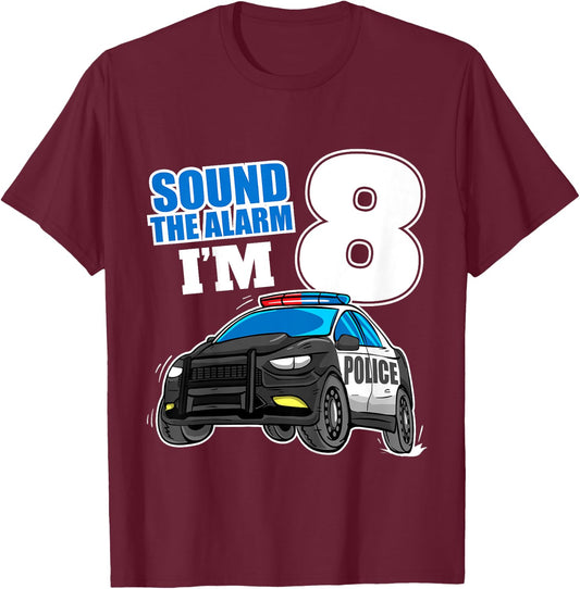 Kids Police Car 8th Birthday Boy 8 Cop Policeman Officer Eight T-Shirt - T-Shirt | Maroon