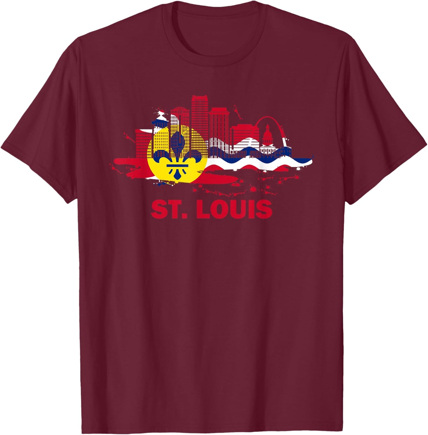 St. Louis City Flag Downtown Skyline - St. Louis Skyline T-Shirt - T-Shirt | Maroon