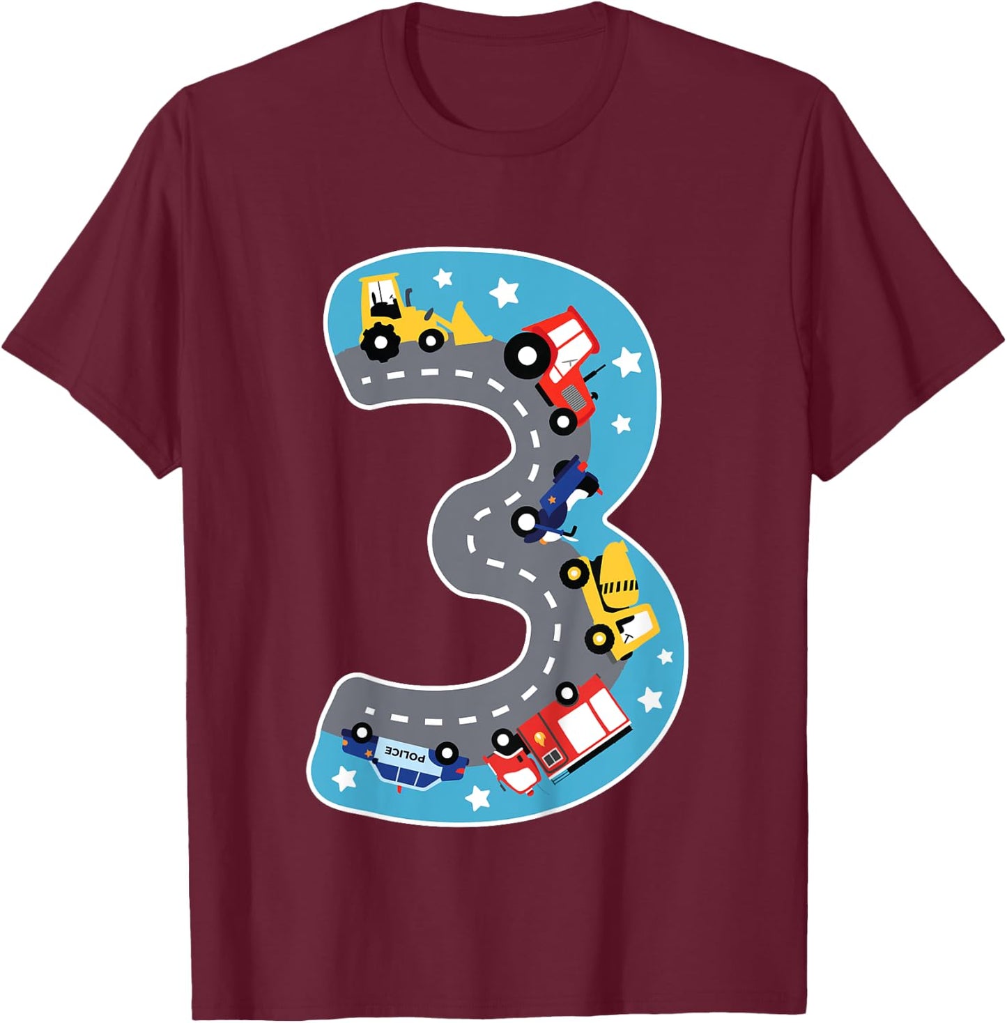 Kids Boys Construction Machinery Fire Brigade Police 3rd Birthday T-Shirt - T-Shirt | Maroon