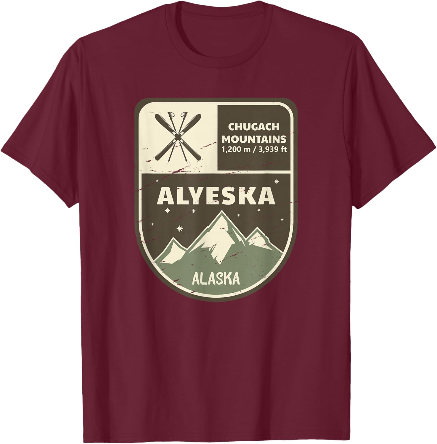 Alyeska Chugach Mountains Alaska Vintage T-Shirt - T-Shirt | Maroon