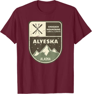 Alyeska Chugach Mountains Alaska Vintage T-Shirt - T-Shirt | Maroon