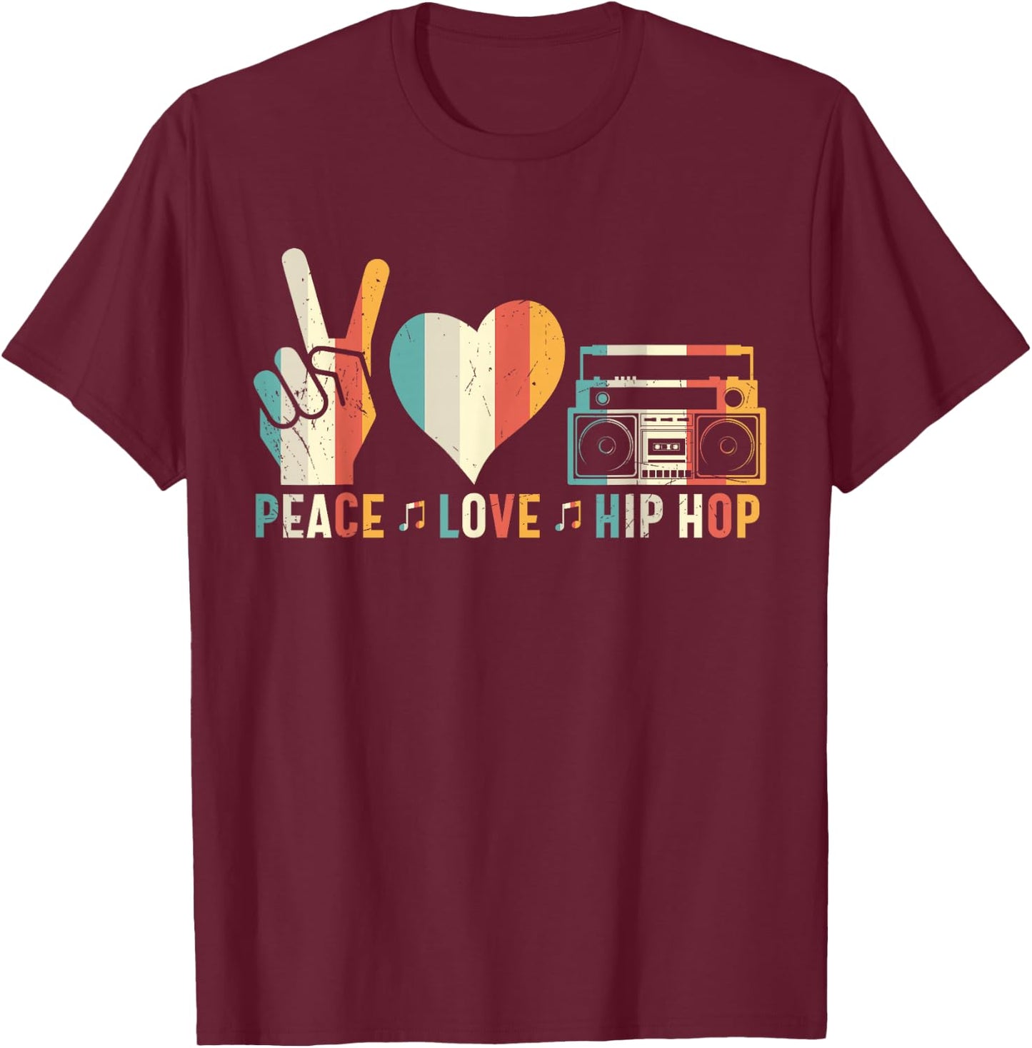 Retro 80's Old School Peace Love Hip Hop Graphic T-Shirt - T-Shirt | Maroon