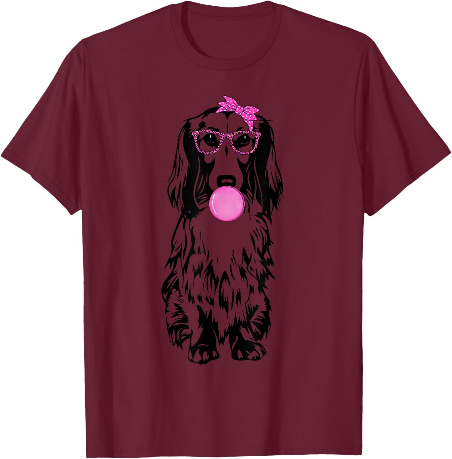 Longhaired Dachshund dog with bubble gum bandana glasses T-Shirt - T-Shirt | Maroon
