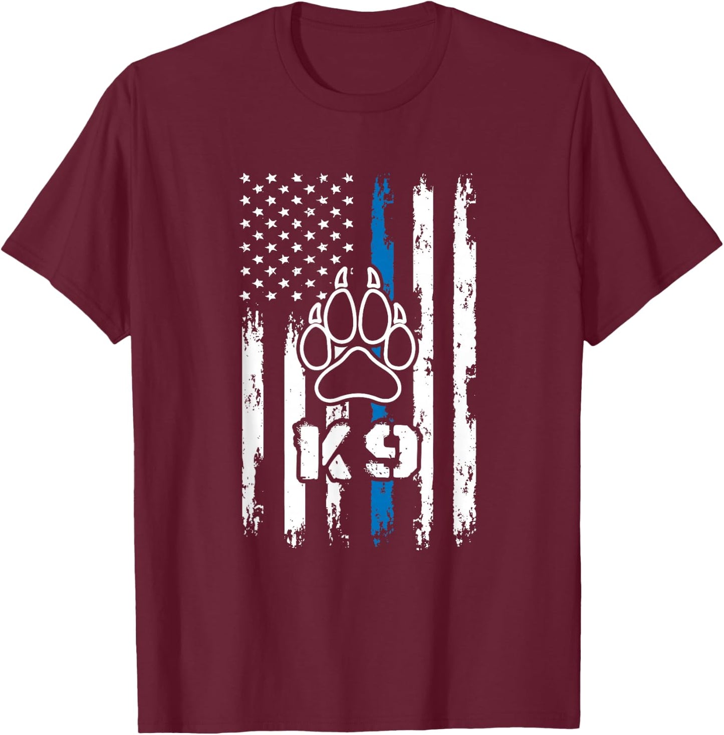 Police Flag with a Dog Paw and K9 T-Shirt - T-Shirt | Maroon