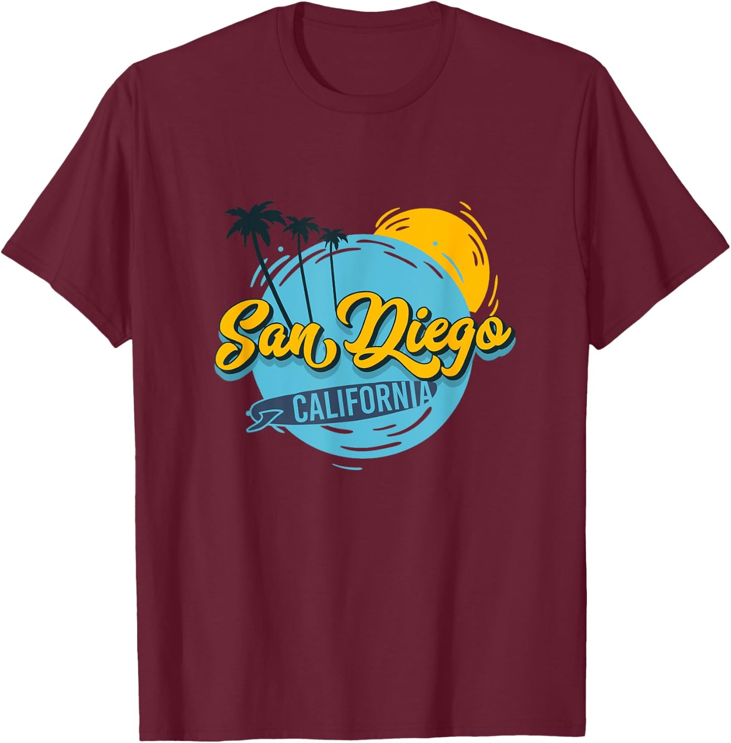 Retro San Diego Palm Tree, Surf And Sun California Souvenir T-Shirt - T-Shirt | Maroon