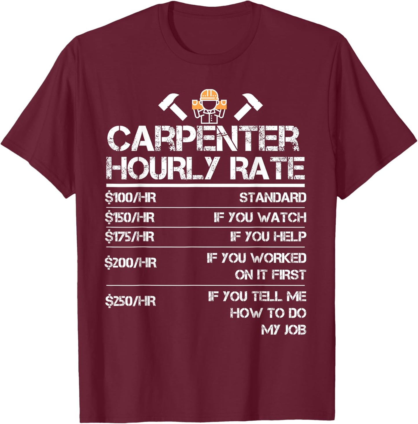 Funny Carpenter Hourly Rate Wood Working Labor Rates T-Shirt - T-Shirt | Maroon