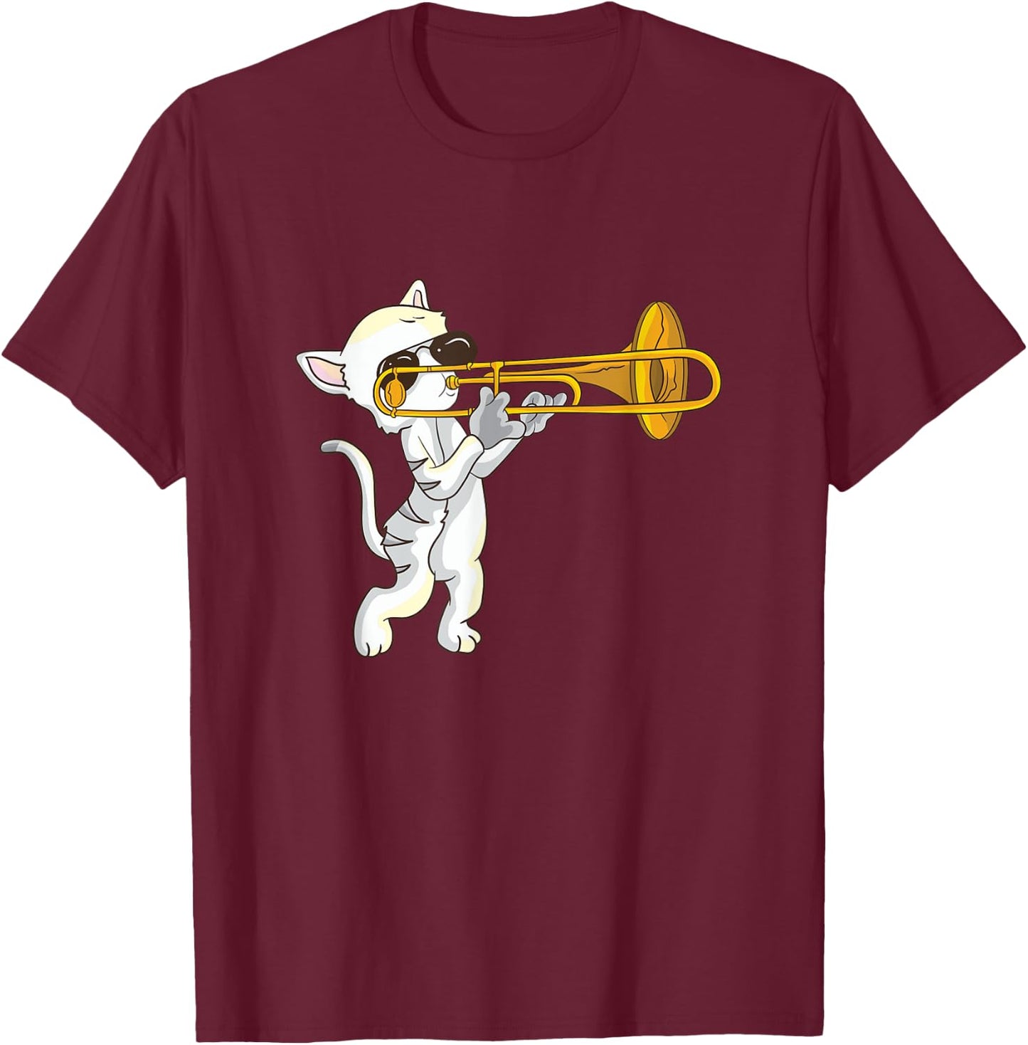 Cat Playing The Trombone Musical Instrument Domestic Cat T-Shirt - T-Shirt | Maroon