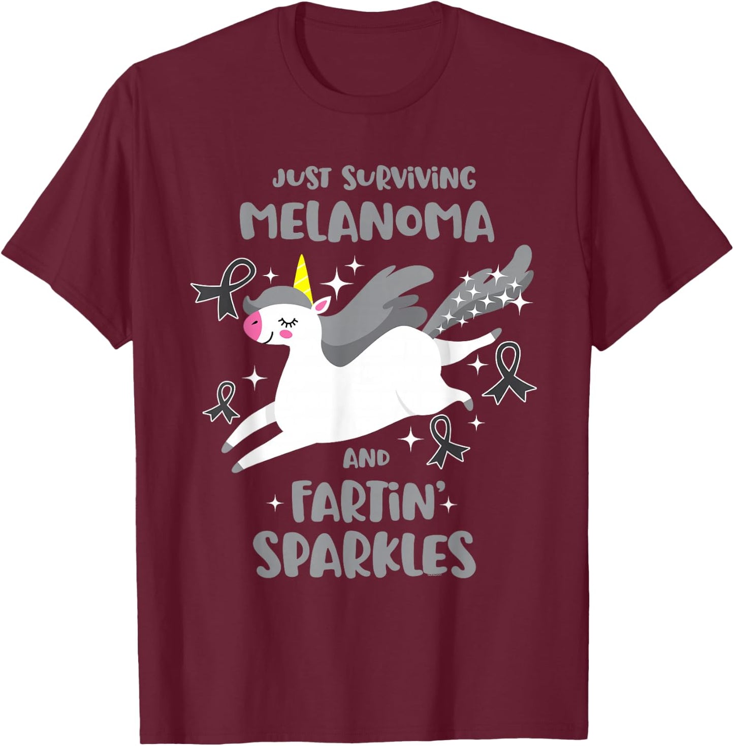 Melanoma Survivor Quote Farting Unicorn Cancer Awareness T-Shirt - T-Shirt | Maroon
