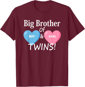 Sibling Heart for Twins and Twins, Big Brother of Boys and Girls T-Shirt - T-Shirt | Maroon