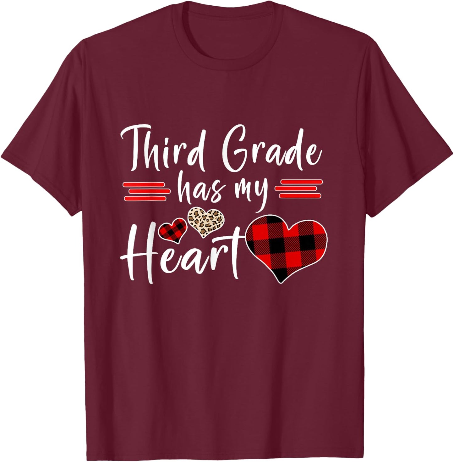 Valentine’s Day Third Grade Has My Heart Plaid Teacher T-Shirt - T-Shirt | Maroon