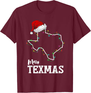 Merry Texmas Texas State Christmas Light Outline Santa Hat T-Shirt - T-Shirt | Maroon