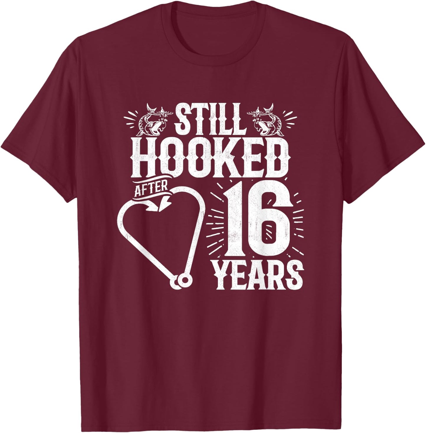 Married 16 Years - Fishing Couple - 16th Wedding Anniversary T-Shirt - T-Shirt | Maroon