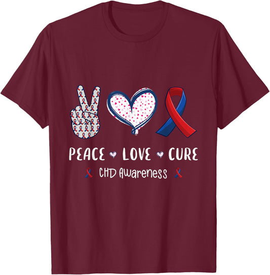 Peace Love cure CHD heart disease awareness men women kids T-Shirt - T-Shirt | Maroon