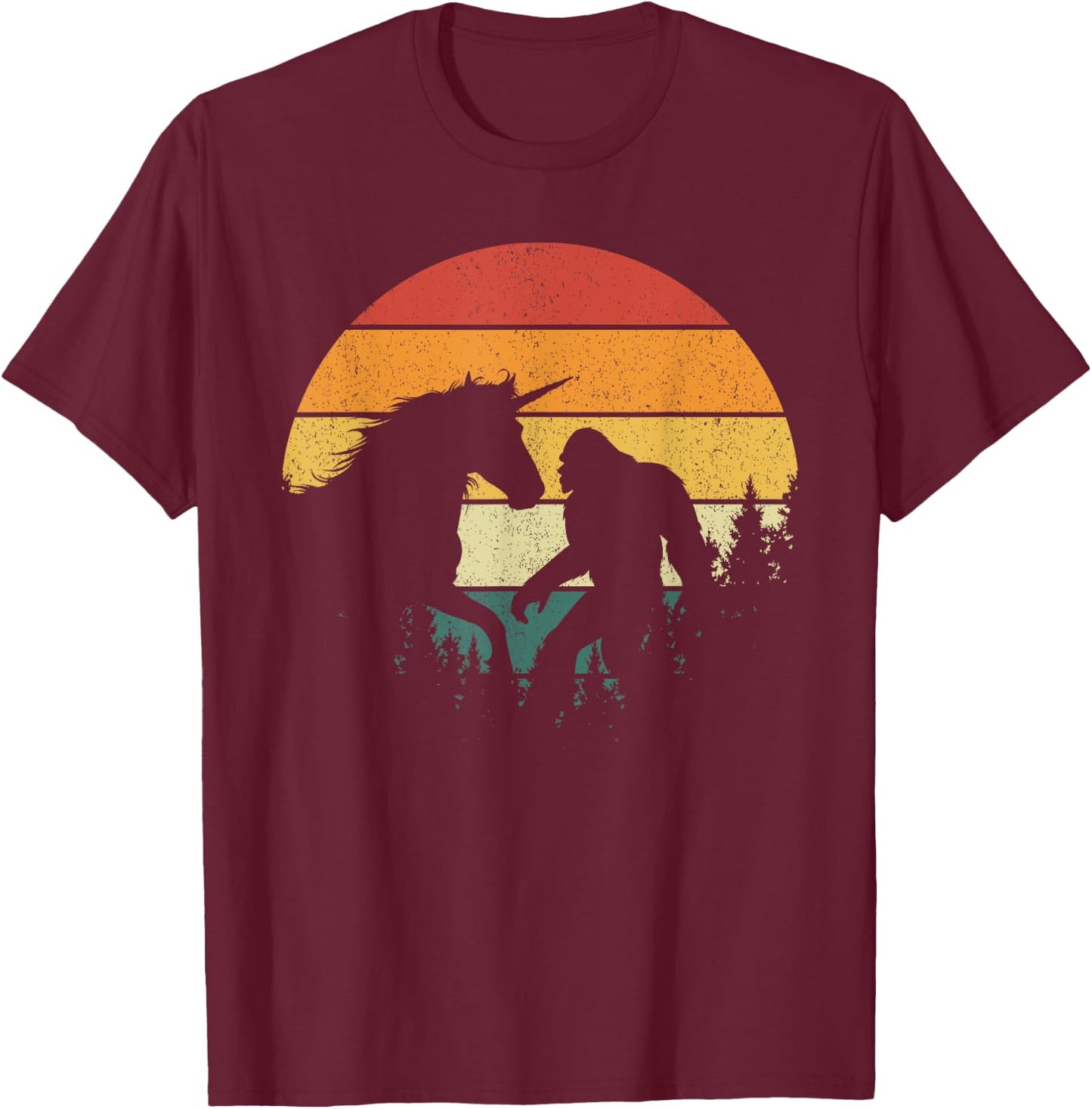 Bigfoot Walking Unicorn Horse Riding Retro Funny Sasquatch T-Shirt - T-Shirt | Maroon