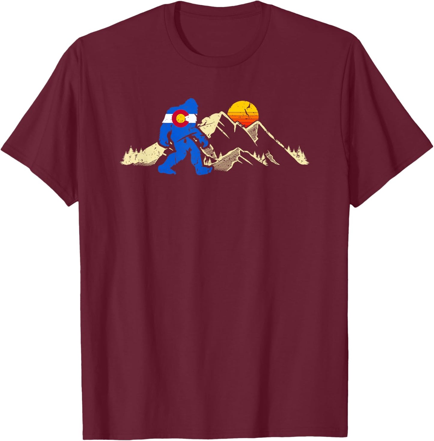 Retro Bigfoot Sun & Mountain State Flag of Colorado T-Shirt - T-Shirt | Maroon