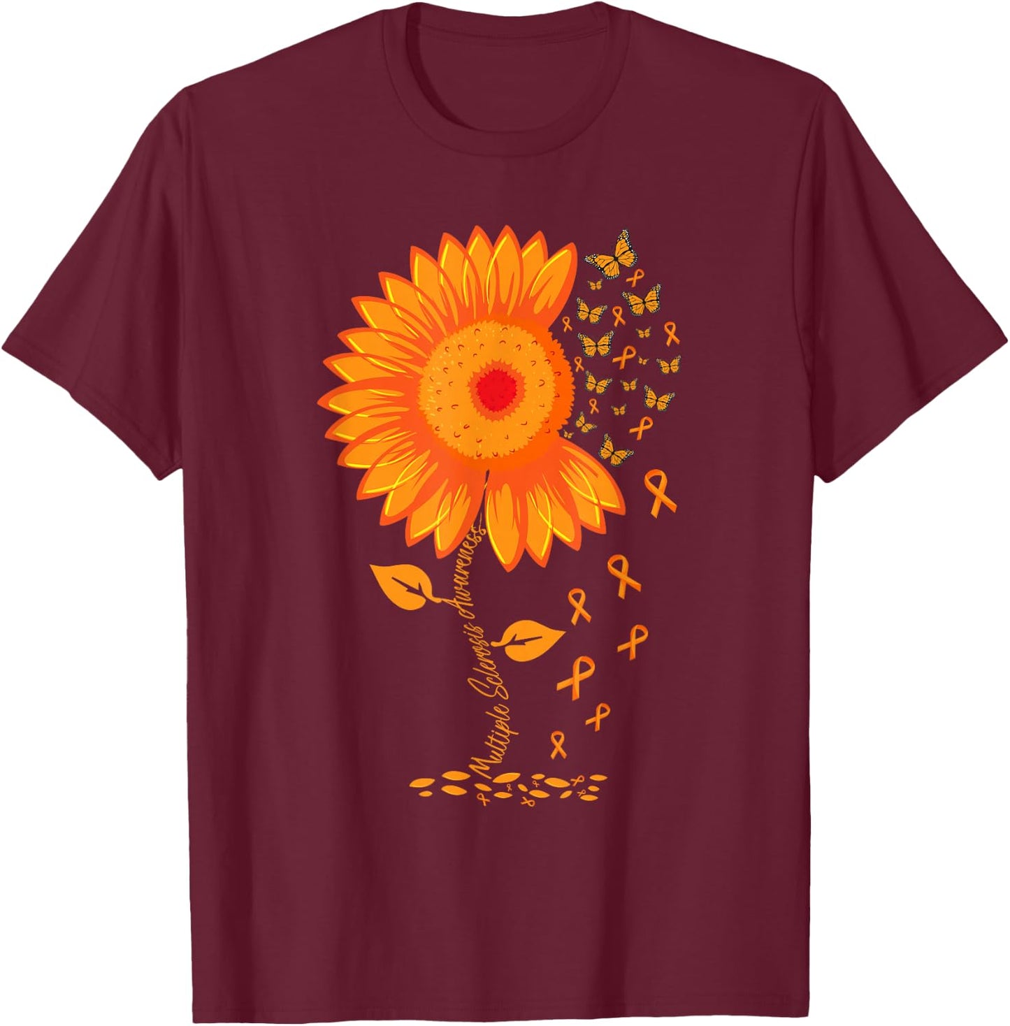 Multiple Sclerosis Awareness Ribbon Flower MS butterfly T-Shirt - T-Shirt | Maroon