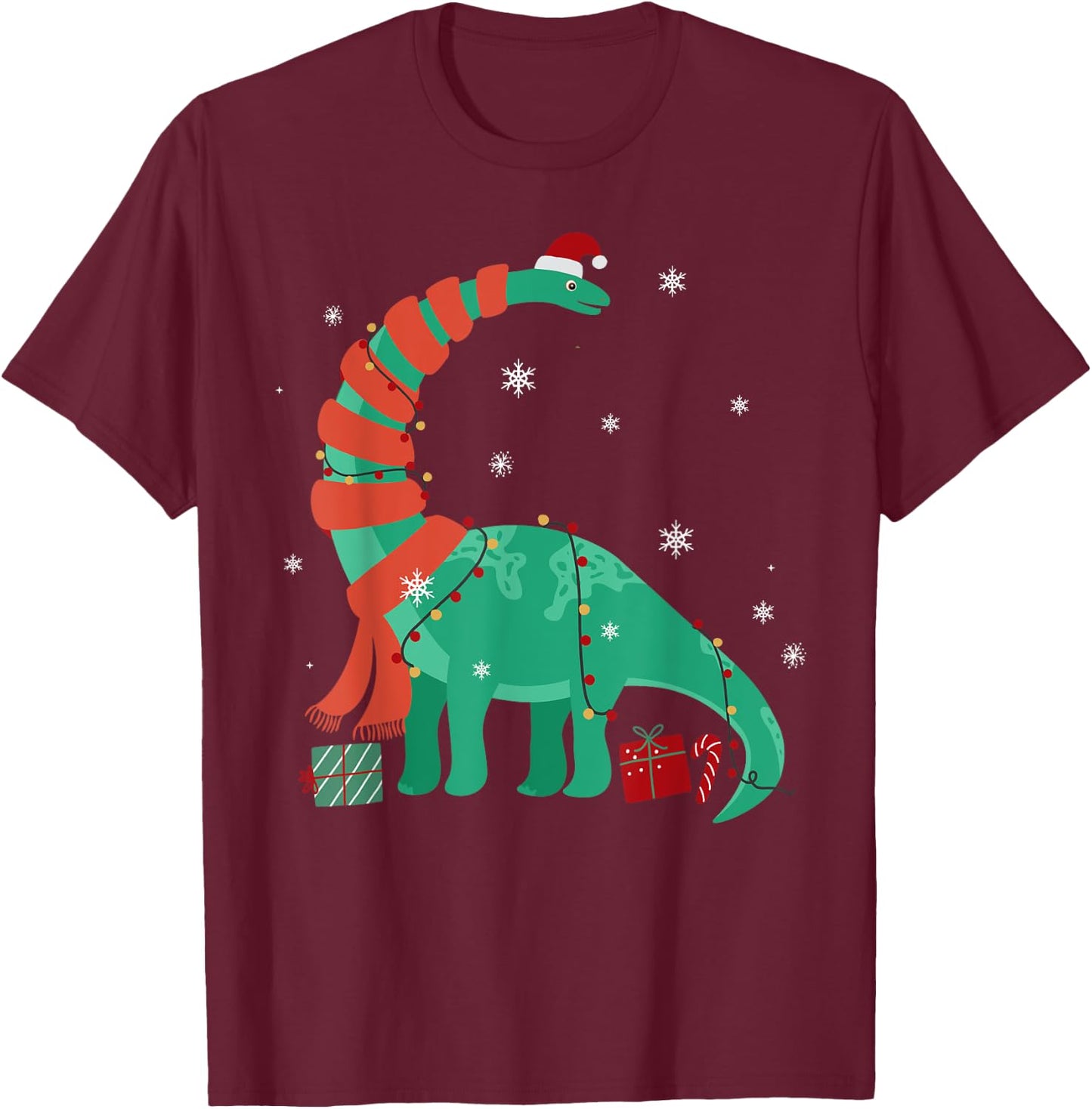 Funny Christmas Dinosaur Santa Xmas Lights Brontosaurus T-Shirt - T-Shirt | Maroon